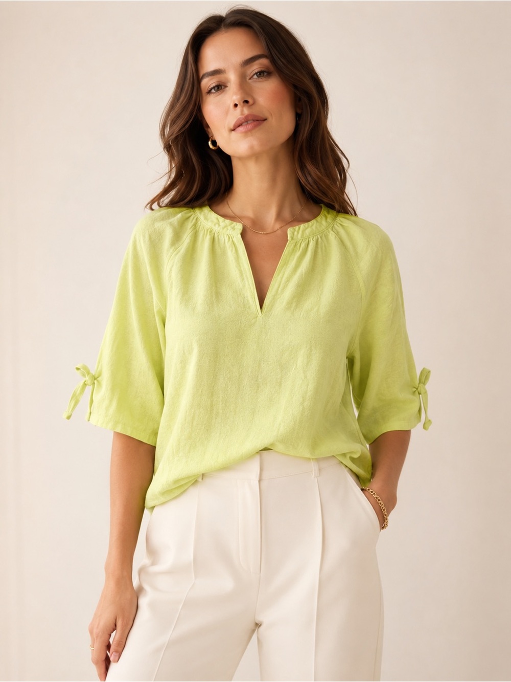Jones New York Women's Linen Blend Split Neck Top Lime Green Size XL - Picture 3 of 11